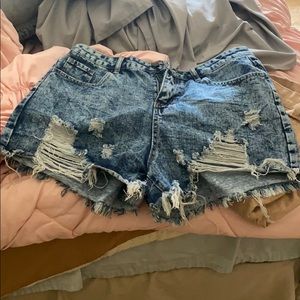 dark washed high rise jean shorts